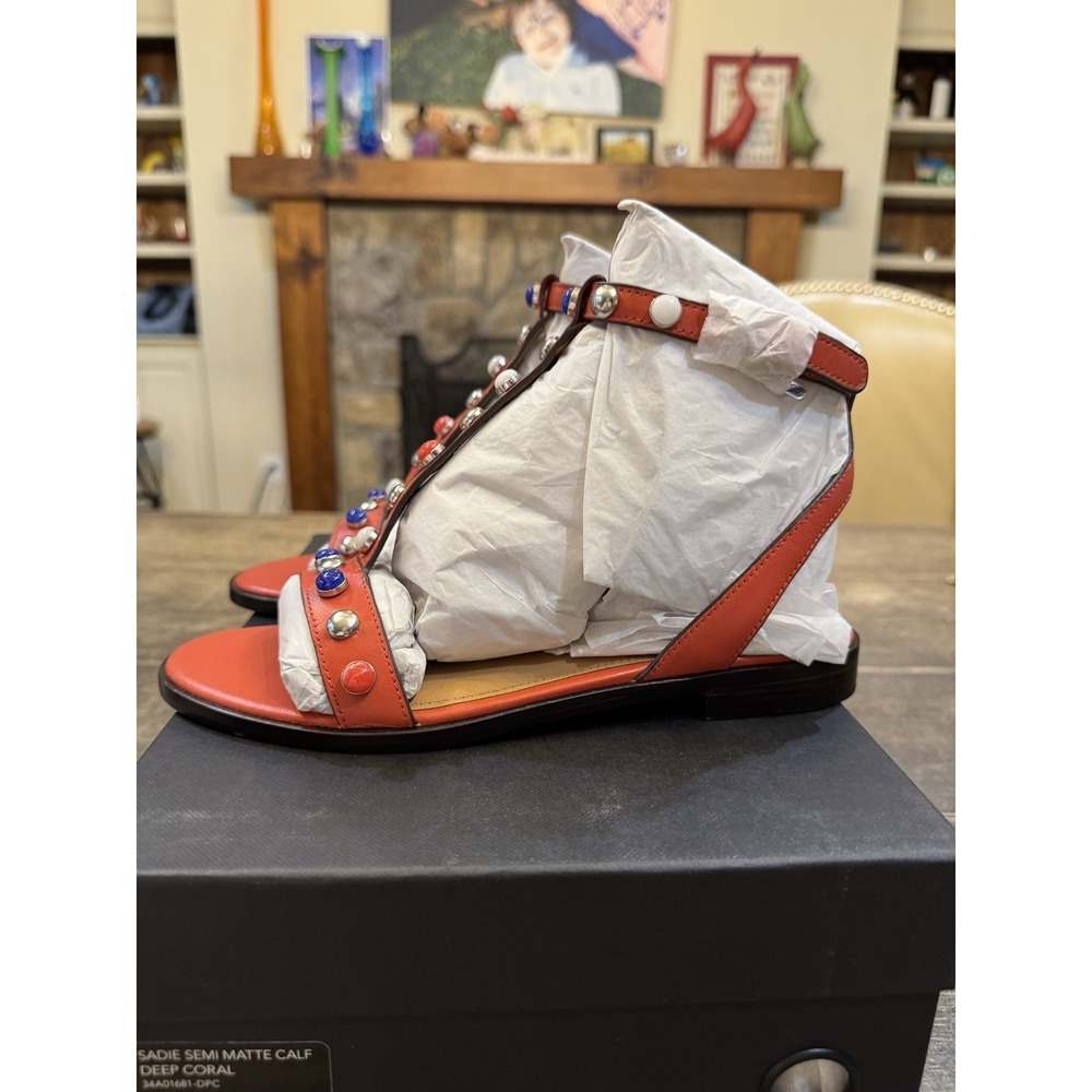 Coach Sadie Semi Black Calf Studded Sandals‎ Size 6.5 Deep Coral T Strap - Picture 3 of 10